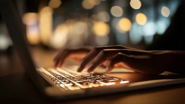 Hands typing on a backlit keyboard in a dimly lit workspace during late evening hours with soft bokeh lights
