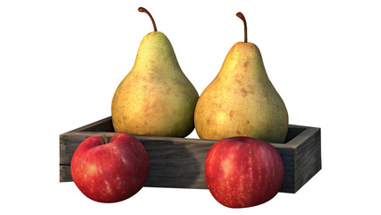 Two pears and two apples in a wooden crate isolated on transparent background