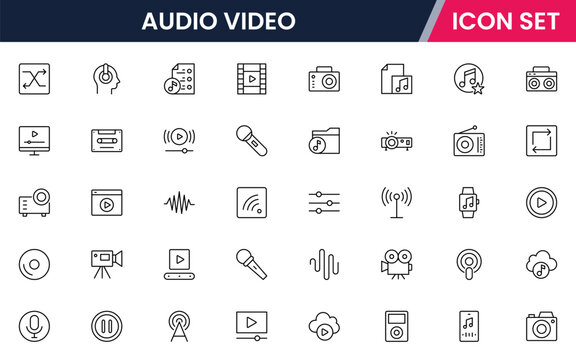 Audio video vector line icons featuring speakers, microphones, cameras, headphones, film reels, sound waves, recording devices, and media playback controls.