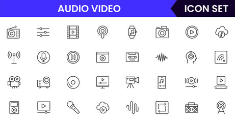 Audio video vector line icons featuring speakers, microphones, cameras, headphones, film reels, sound waves, recording devices, and media playback controls.