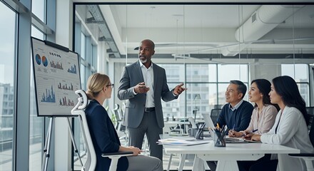 A diverse team listens attentively as their confident leader presents insightful data during a productive meeting.