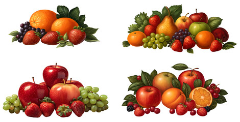 Assortment of fresh fruits and berries isolated on transparent background