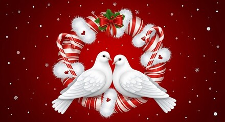Two white doves perched on candy canes with festive holiday decorations