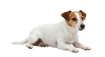Obraz premium Dog Lying Down Looking Alert on White Background