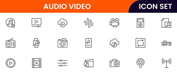 Audio video vector line icons featuring speakers, microphones, cameras, headphones, film reels, sound waves, recording devices, and media playback controls.