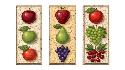 Three vertical panels featuring assorted fruits isolated on transparent background