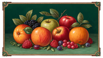 Still life of fresh fruits and berries isolated on transparent background