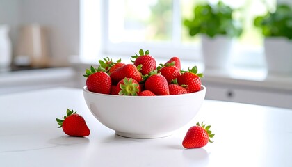 Fresh strawberries in a bowl on a kitchen counter (1)