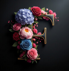 The gold letter F design is decorated with blue hydrangeas, red roses, pink peonies, and other small flowers. The colors are brighter and more varied, highlighting an artistic and elegant feel.