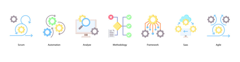 DevOps automation web banner icon vector illustration with agile automation, analytics, methodology, framework design, SaaS integration, agile teamwork, and feature releases.