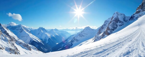 Obraz premium Sun-drenched mountain slopes, pristine snow glistening under a vibrant blue sky; a breathtaking winter wonderland scene perfect for ski enthusiasts and travel brochures , forest, nature, sun