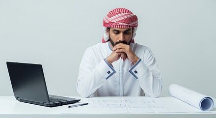 A thoughtful businessman in traditional Middle Eastern attire reviews documents at his desk, contemplating a project.