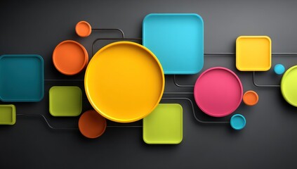 Vibrant interconnected squares and circles arranged on a dark grey surface, creating a modern and abstract composition