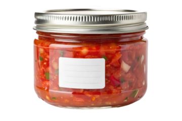 Glass jar of spicy red salsa with blank label isolated on transparent background