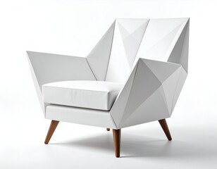 A stunning white armchair featuring an origami-inspired design with sharp geometric folds, isolated on a clean minimalist background