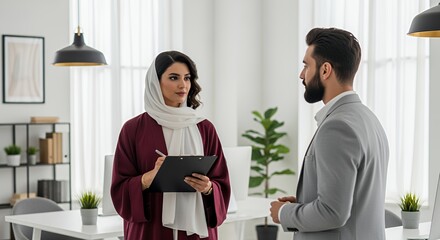 A businesswoman in a hijab discusses work with a male colleague in a modern setting, showcasing professional collaboration and cultural diversity.