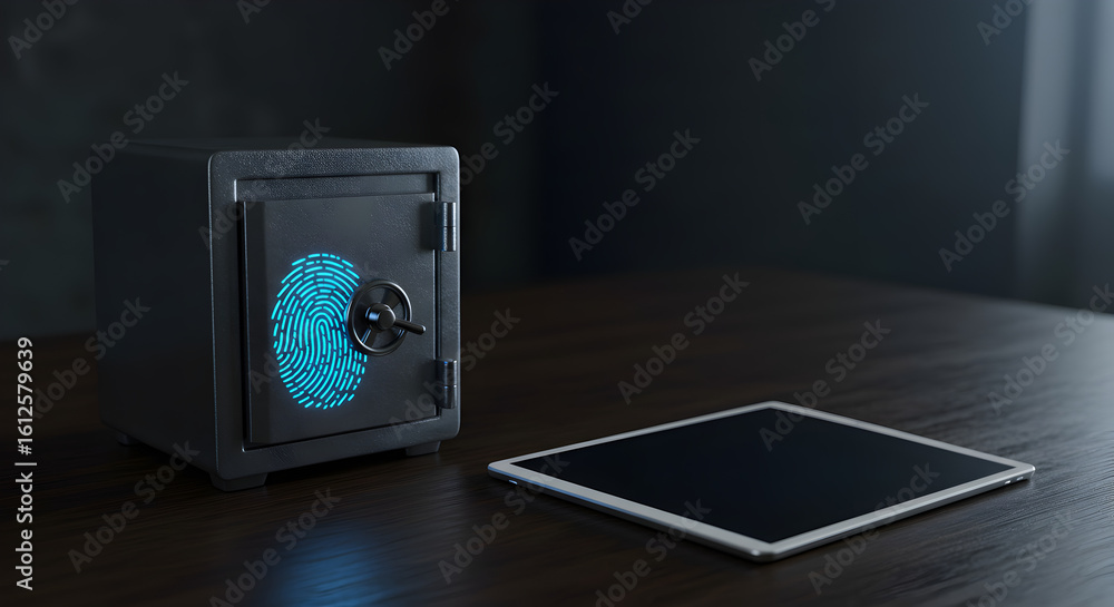 Poster cyber security concept featuring a safe with fingerprint lock next to tablet device on wooden table 