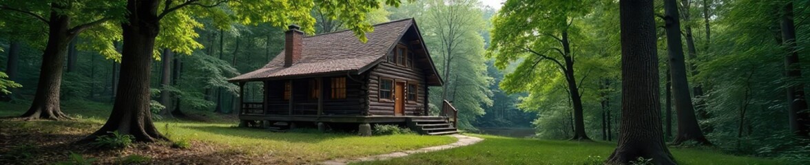 Fototapeta premium Secluded cabin nestled deep in the woods, perfect for a peaceful getaway or private retreat For sale Offers considered , private cabin, river