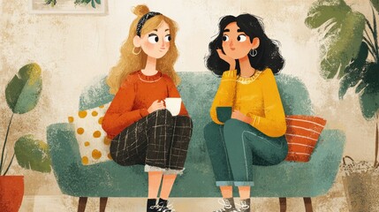 Cozy Conversation: Two animated women share a moment of connection, sitting comfortably on a couch, cups in hand, plants adding warmth to the room.