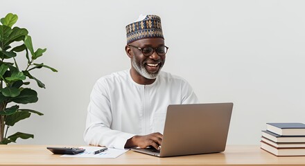 A smiling man wearing traditional African attire works on his laptop at his desk, showcasing a blend of culture and modern technology.