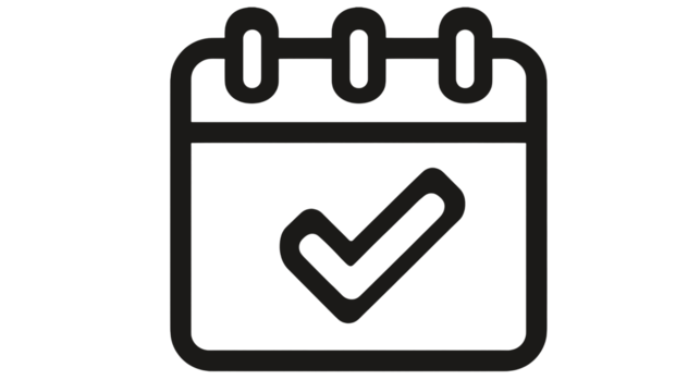 Calendar icon with check mark denotes schedule complete or event scheduled and confirmed