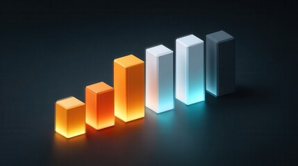 A glowing 3D bar graph with orange and blue bars on a dark background, symbolizing data growth and analysis.