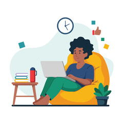 Illustration of a person working on a laptop while sitting in a beanbag chair with books and a plant