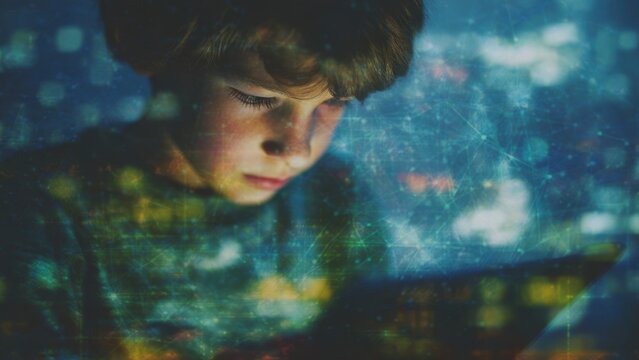 Child engages with technology in digital world, reflecting on privacy in 5G era. connection between youth and modern advancements is profound