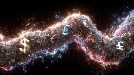Currency Stream: A captivating visual representation of currency symbols swirling and flowing like a dynamic stream, capturing the essence of global finance and monetary exchange.