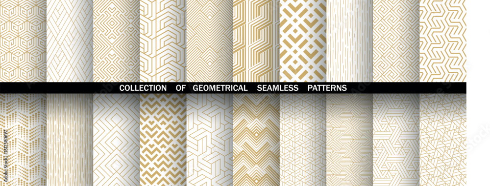 Poster geometric set of seamless golden and white patterns. simple vector graphics