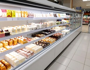 Bakery display case with assorted cakes