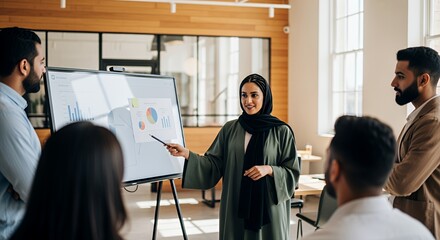 A woman in a hijab confidently presents a business presentation to a diverse team, showcasing data and charts on a large screen.