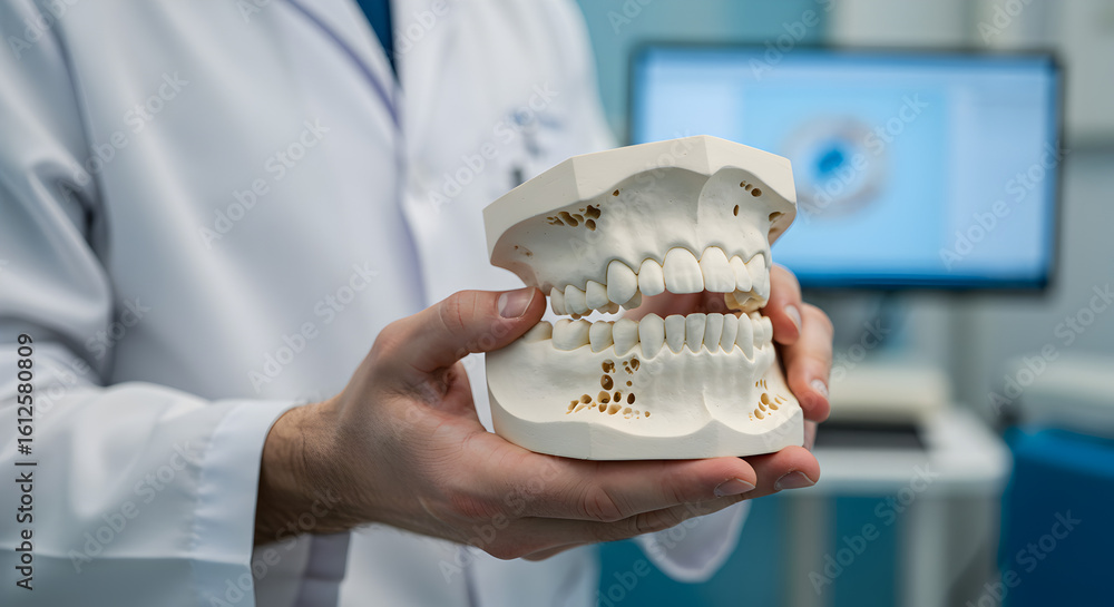 Poster doctor holds precise white dental model in laboratory setting with blurred background computer scree