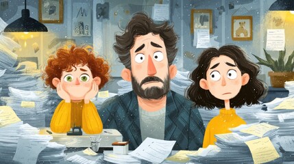 Overwhelmed Family at Desk: A weary parent and two children are sitting at a cluttered desk in an illustrative environment, surrounded by piles of paper.