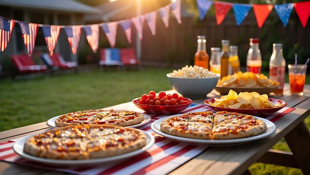 Vibrant backyard picnic table set with pizzas, popcorn, chips, and drinks under American flag bunting during golden hour.