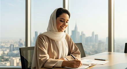 A successful businesswoman in traditional attire thoughtfully writes notes in her modern overlooking a cityscape.