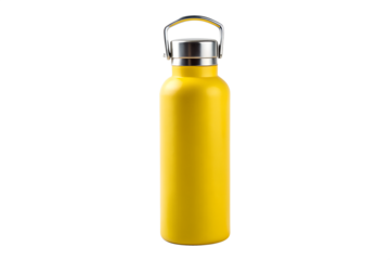 A bright yellow insulated water bottle with a silver cap and handle stands ready for adventure, isolated on a clean transparent background