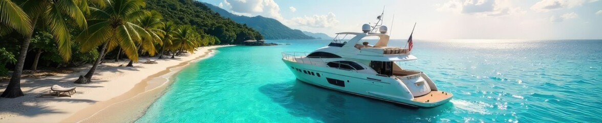 Fototapeta premium Sun-drenched yacht gliding across turquoise waters, surrounded by pristine white sand beaches and lush tropical foliage A picture of ultimate serenity and opulence , peaceful, exclusive