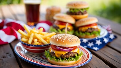 Delicious cheeseburgers and golden french fries served on patriotic dishes for an outdoor American celebration.