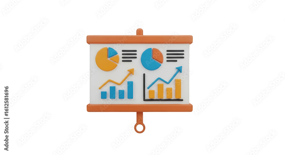 Poster 3d illustration of a presentation easel displaying financial charts and graphs with data analysis an