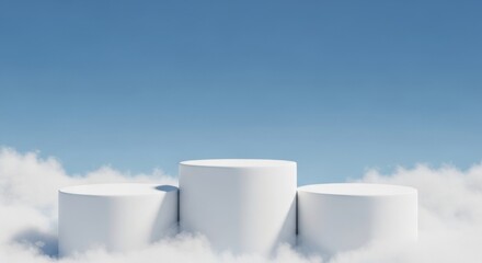 Obraz premium Minimalist White Podium Stands on Fluffy Cloud Layer Under Bright Blue Sky