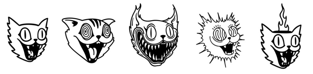 Grotesque Cartoon Cat Heads with Exaggerated Faces in Lowbrow Horror Pop Style — Creepy Smiling Feline Expressions with Wide Eyes, Scary Teeth, Fire and Surreal Elements for Underground Comics