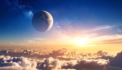 A celestial body hangs above a sunset over a dense cloud layer, stars and nebula visible in the background