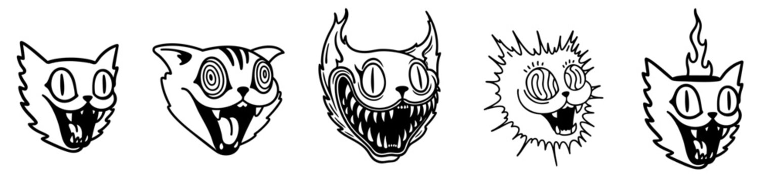 Grotesque Cartoon Cat Heads with Exaggerated Faces in Lowbrow Horror Pop Style &mdash; Creepy Smiling Feline Expressions with Wide Eyes, Scary Teeth, Fire and Surreal Elements for Underground Comics