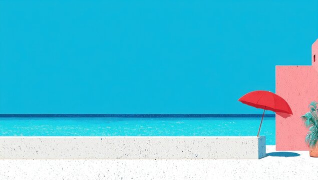 Minimalist scene with turquoise ocean, bright blue sky, white textured foreground, red parasol, pink cuboid, and potted palm. Clean, geometric, and summery aesthetic