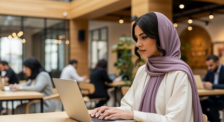 A young woman in a hijab works diligently on her laptop in a modern, open-plan workspace.