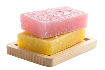 Stack of two colorful soaps in a wooden soap dish isolated on transparent background