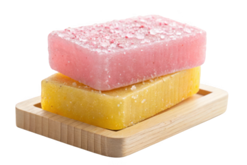 Stack of two colorful soaps in a wooden soap dish isolated on transparent background