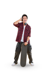 A young man in stylish attire with a skateboard and headphones on png background 