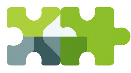 Four puzzle pieces of green, grey, and white fit together, suggesting unity and problem solving